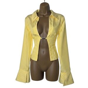 New Small Yellow Striped Open Front 90's Y2k Blouse Long Flare Sleeve Clasp Top